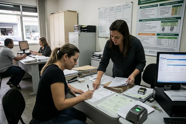Pessoa recebendo auxílio do despachante para renovação da CNH.